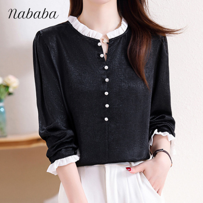 나바바 NB2511 여성 빈티지 클래식 버튼 긴팔 블라우스