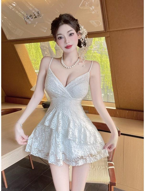 性感蕾絲深V領A字連衣裙女, 白色
