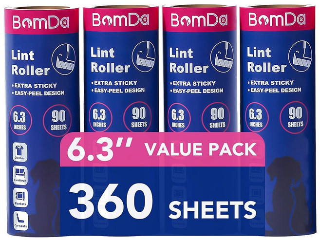 여분의 끈적끈적한 대형 표면 보푸라기 롤러 반려동물 털을 위한 6.3인치 자이언트 270장/3개 리필 옷 가구 반려견 및 고양이 털 제거기용 롱 핸들 제거기, 4 Refills / 360 Sheets