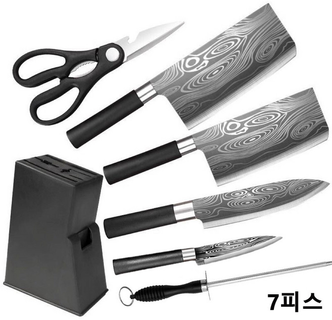 다마스커스 주방칼 스텐레스 주방칼 6종 세트주방가위/ 과일용칼/ 숫돌봉/셰프나이프/커팅나이프/쿠킹나이프/칼자리 포함, 7개, 1세트