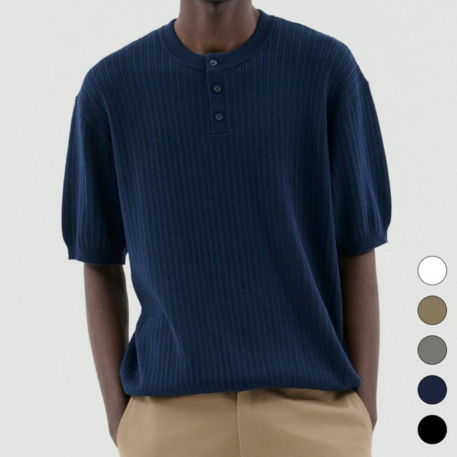 트래드클럽 나루 버튼다운 헨리넥 사계절 반팔 니트 (5컬러 M~5XL)