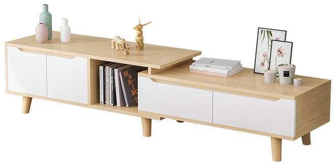 可伸縮電視櫃 加厚板材 防潑水 多收納空間, 白橡木伸縮電視櫃