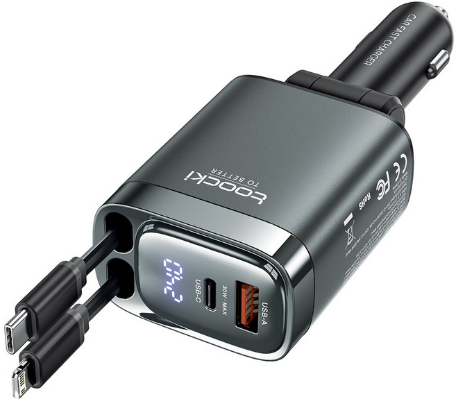 Toocki 105W 4in1 릴타입 C타입 시거잭 차량용 고속 충전기, 그레이, TQ-CC42L