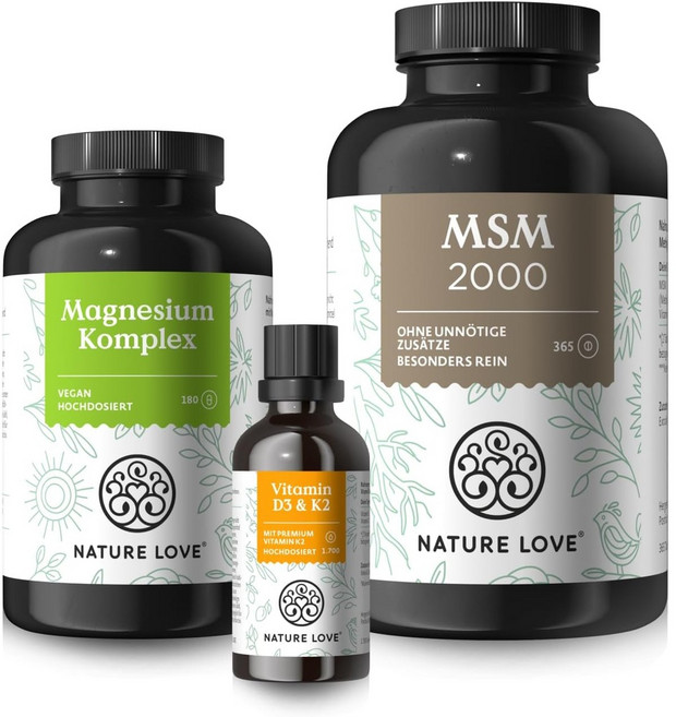 NATURE LOVE® 뼈와 운동성 세트 – 마그네슘 복합제 비타민 D3+K2 및 비타민 C가 함유된 MSM 정제 – 뼈와 운동성에 최적 – 고용량, 뼈 및 이동성 세트, 1개