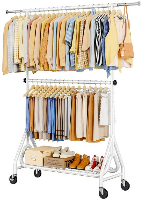 헤비 듀티 의류 랙 금속 랙 적재 450파운드 잠금식 바퀴가 달린 옷을 걸 수 있는 코트 침실용 옷장 실버, White, Single Rod