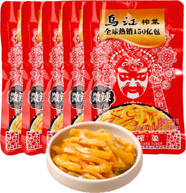 홍홍 중국식품 우장 홍유짜차이 미니팩 웨이라 약간매운맛 짜사이 중국반찬, 5개, 80g