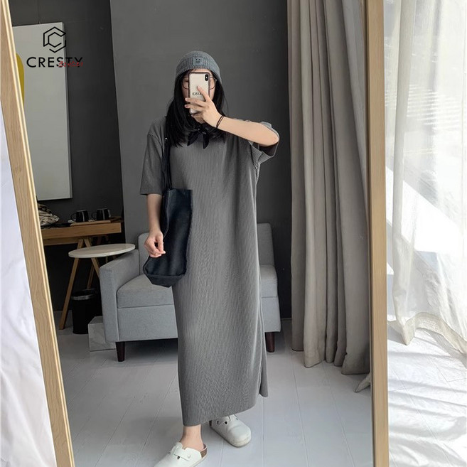 크레스티 여성 반팔 H라인 롱 원피스 라운드넥 루즈핏 시원한 원피스