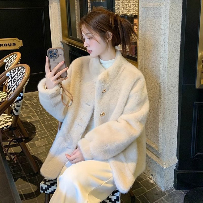 立領環保貂毛外套 短款 女