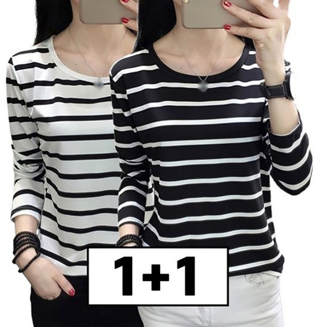 여성용 스트라이프 디자인 라운드넥 긴팔 티셔츠 슬림핏 몸매 봄 가을 인테리어 언더웨어 다양한 용도 활용 가능 세련 패턴 캐주얼 데일리룩 포멀 1+1