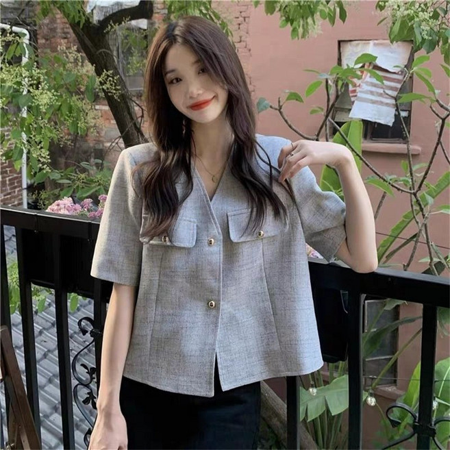besteffie 여성 봄여름 반팔 자켓 트위드 캐주얼 스타일 브이넥 간편한 주머니 디자인 룾즈핏 여성스러운 패션 K92