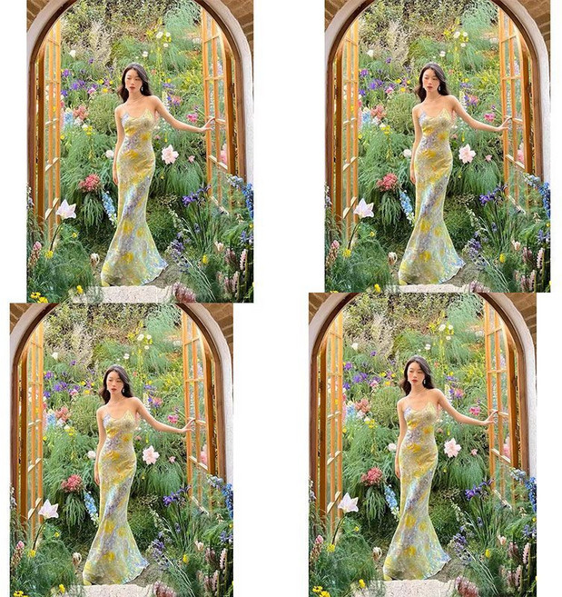 印花抹胸吊帶連衣裙，修身收腰長裙, 圖片色【模特同款長裙】,XL, 圖片色