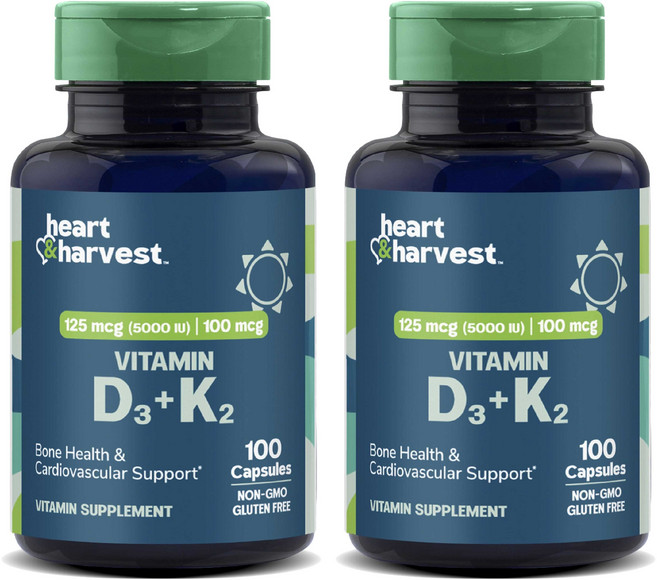 Heart & Harvest 125mcg 5000IU 100mcg 비타민 D3 + K2 캡슐, 2개, 100정