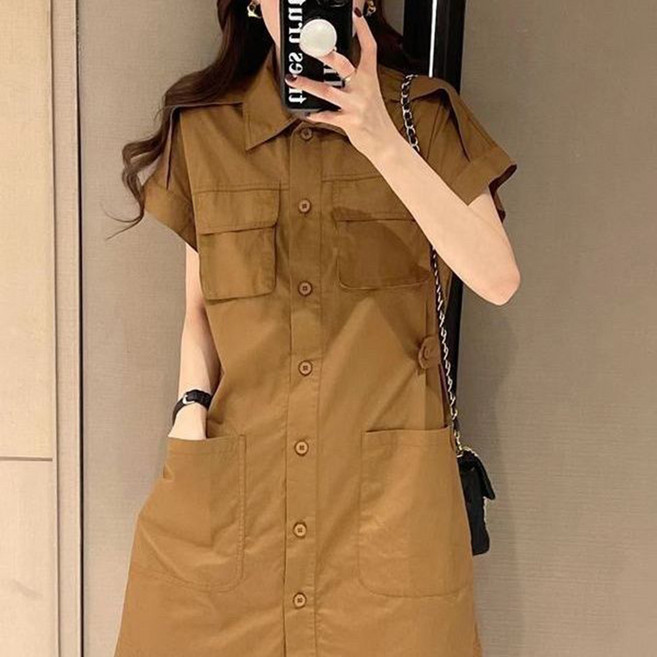 BOONINT 여성 원피스 카고원피스 셔츠원피스 카라넥 반팔 포켓 단추 심플 h라인 심플 패션 캐쥬얼 루즈핏 오버핏 빅사이즈 BN062424, 커피색