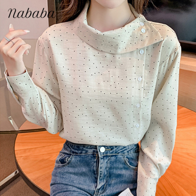 나바바 NB3026 여성 빈티지 우아한 도트 패턴 버튼 긴팔 블라우스