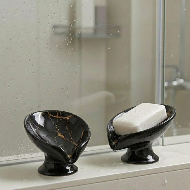 Ecolive 세라믹 나무잎 모양 비누 받침대, 블랙, 1개