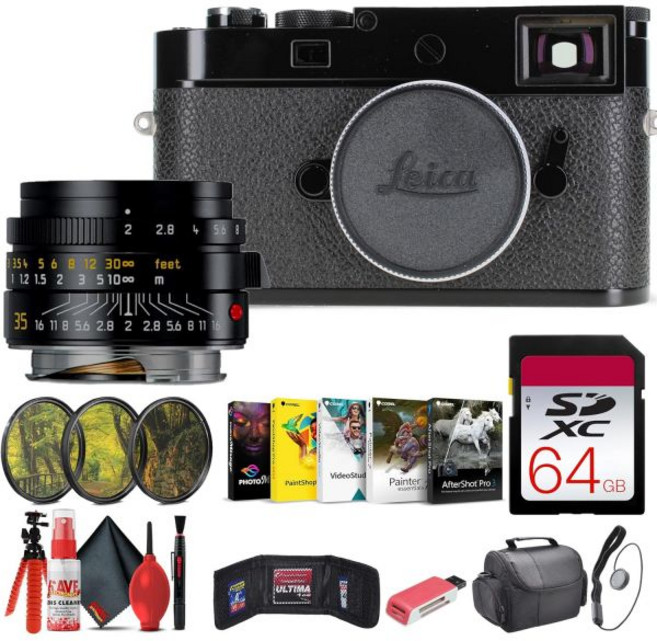 라이카 M11 거리계 카메라 광택 검정 20230 + 35mm f2 렌즈 64GB 메모리 카드 코렐 사진 소프트웨어 리더기 케이스 플렉스 삼각대 세척 키트 지갑 캡 고리