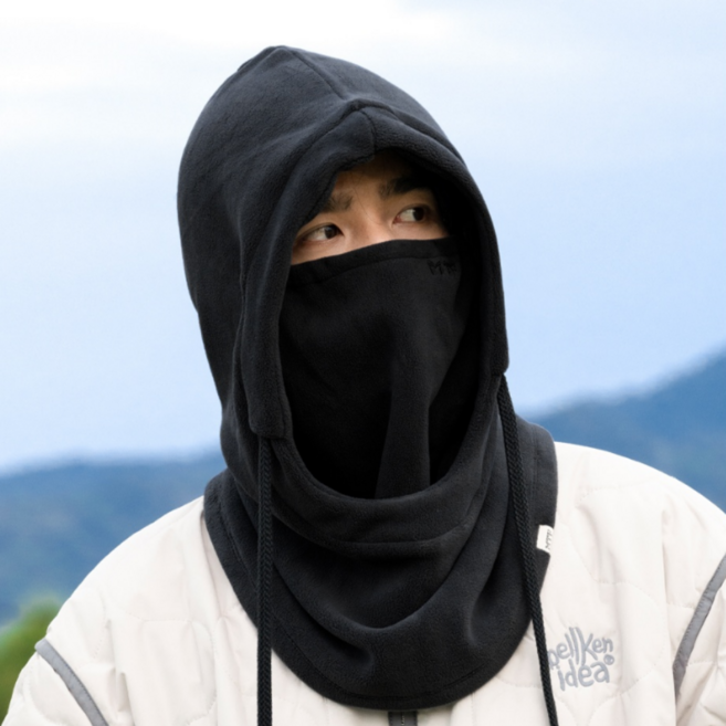 SMILE MORLI 빅사이즈 남여공용 플리스 방한 후드넥워머 마스크 탈부착 바라클라바, 블랙, 1개