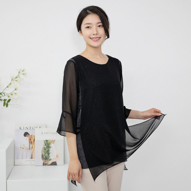 모슬린 엄마옷 레이어드 쉬폰 7부 티셔츠 614FGH147 마담/중년여성/빅사이즈/50대/60대