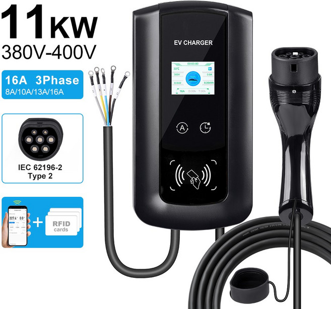 JDMEX 타입 2 EV 휴대용 충전기 전류 조절 가능 스마트 타이밍 전기차 380V-400V 16A 11KW 3 상, 01 11KW 5M 16A B