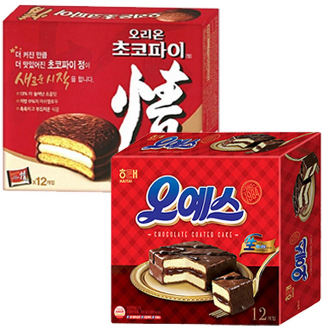 해태 오예스 12개입 360g +오리온 초코파이 468g 초콜릿 케이크 파이 묶음, 1세트
