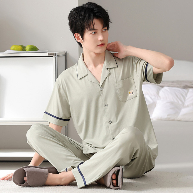莫代爾睡衣男士夏季開衫翻領短袖長褲可外穿薄款青少年家居服套裝