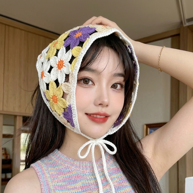 케이랜드 플라워 크로셰 보넷 니트 삼각 두건