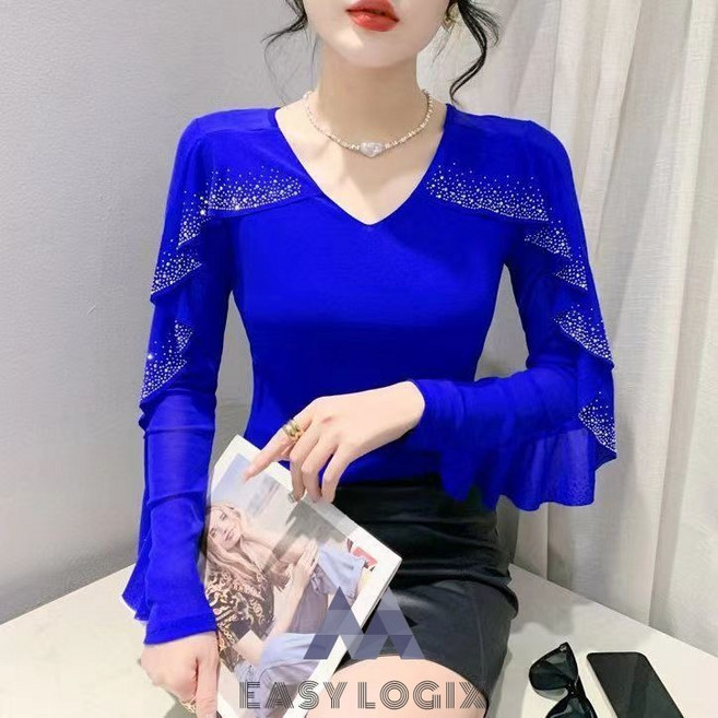 이지로지엑스 나비 레이스 라틴 연습복 여성 댄스복 상의 화려한 티셔츠, XL, 블루