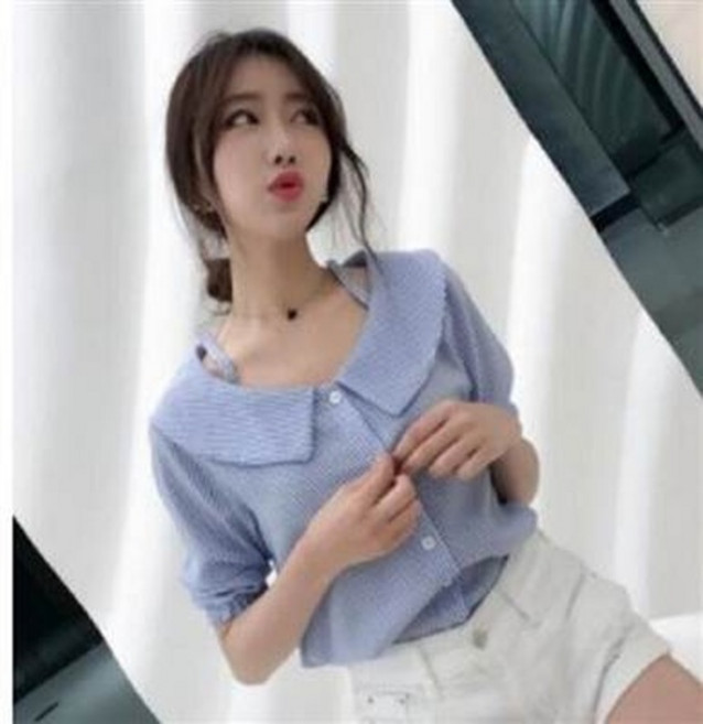 藍白條紋娃娃領短袖上衣, 學院風修身百搭學生襯衣