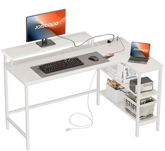 joiscope L型電腦桌 附顯示器架及收納層架, 白色系