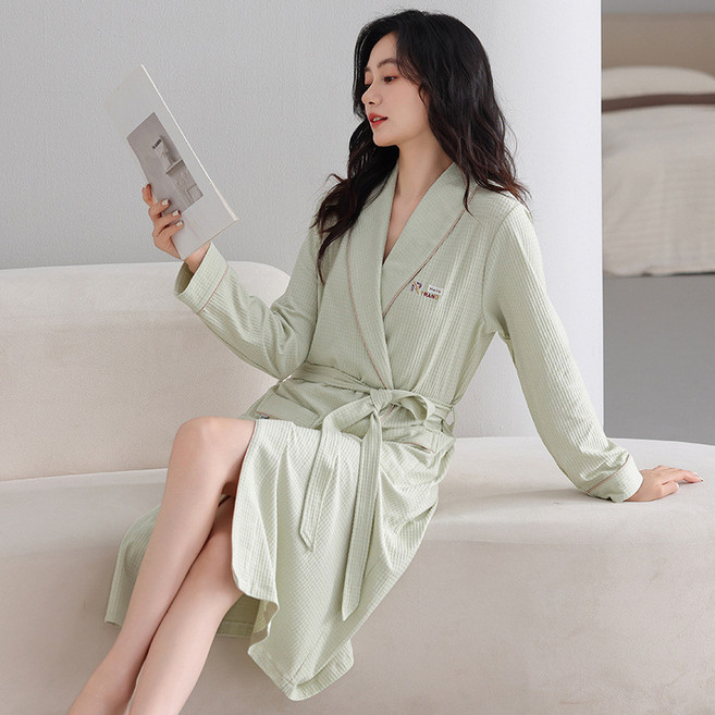 純棉情侶睡袍，長袖寬鬆家居服，適合秋季及春秋季，酒店浴袍浴衣, Z25773檸檬綠,XXXL, 1個