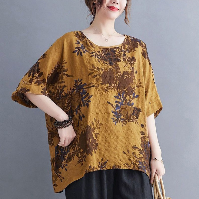 다중성 여성 빅 사이즈 면 린넨 반팔 라운드 플라워 셔츠 상의