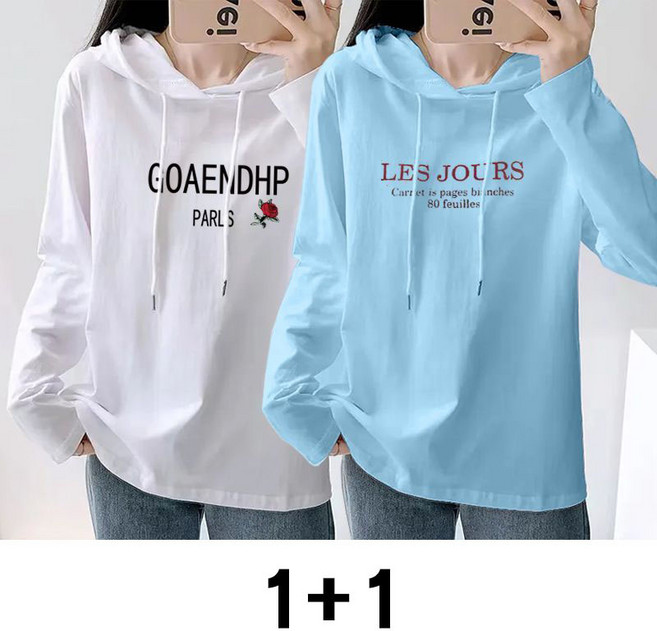 1+1 여성 후드 맨투맨 봄 가을 캐주얼 프린트 얇은 후드티 여름 여자 티셔츠 루즈핏 슬림핏 맨투맨 상의 WMY