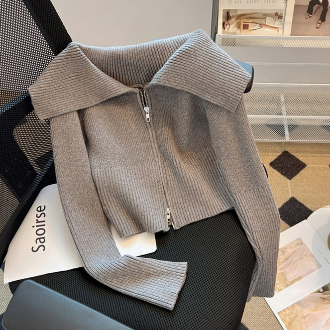 빅카라 니트 지퍼 가디건 골지 캐주얼 무지 심플 스웨터