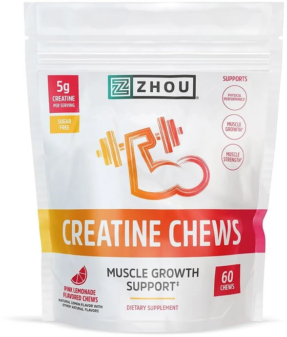 ZHOU Nutrition 크레아틴 모노하이드레이트 츄어블 5g 남성 및 여성용 무설탕 유기농 GMO 프리 핑크 레모네이드 젤리 60개, 1개 - 쿠팡