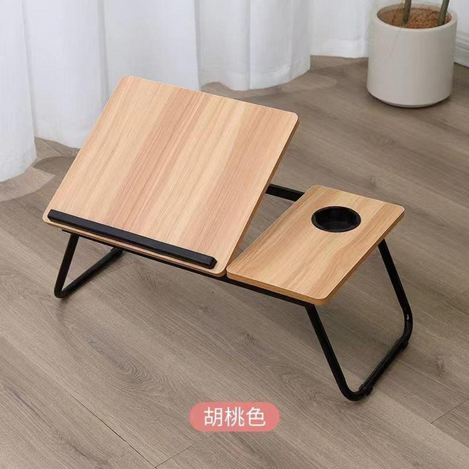 AQWA 可折疊升降床邊電腦桌 五檔升降 杯架 擋條 55x32x25cm, 胡桃