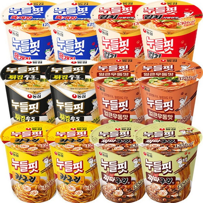 농심 누들핏 6종세트 12입(육개장+김치+어묵탕+얼큰우동+짜파구리+카구리 각 2개씩) 컵라면 어묵단종확인요, 12개