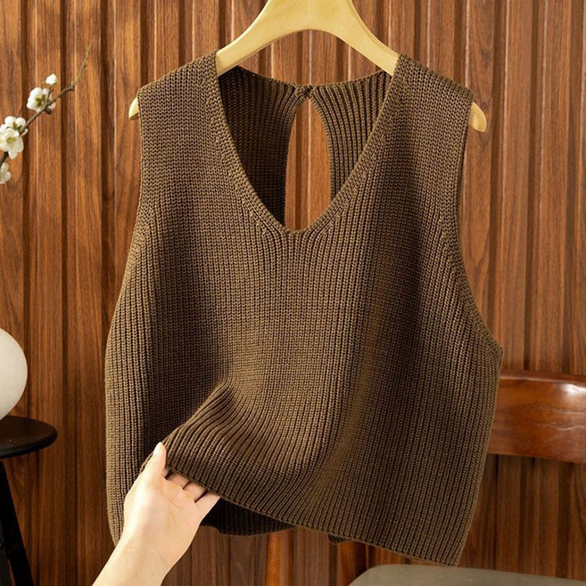 ROYALBELLE 여성 니트 민소매 베스트 숏 브이넥 얇은 루즈핏 캐주얼 레이어드 조끼 V040716