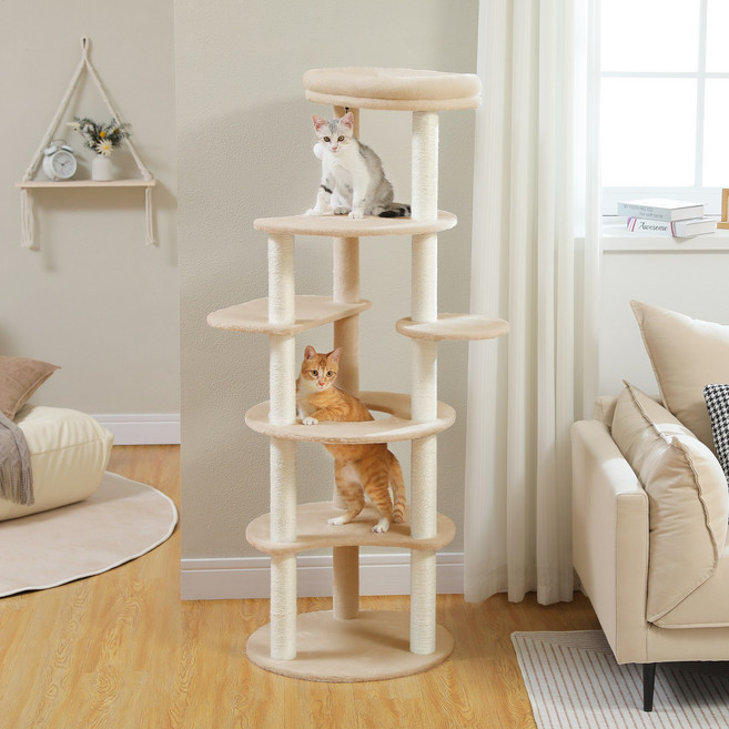 PAWZ Road 6단 모던 심플 플러시 패브릭 고양이 캣타워 스크래쳐 기둥 + 전망대 + 둥근 구멍 디자인, 베이지, 1개