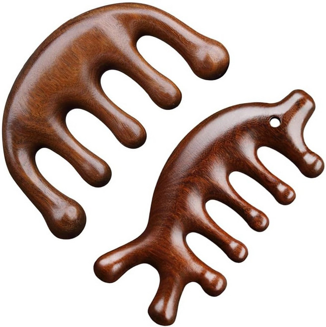 마사지 빗 헤어브러시 두피 마사지 백단향 빗 헤어 케어 경락 마사지 두피 얼굴 목 데콜테 천연 목재 프리미엄 빗 헤어브러시 정전기 방지 유니섹스 2종 세트, 2개, 갈색