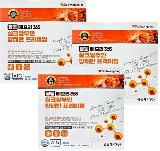 광동제약 메모리365 마시는 고함량 실크 알부민 양태반 프리미엄 특허원료, 30회분, 3세트