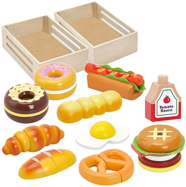 빅토리아 베이커리 파티 원목 소꿉놀이 햄버거 핫도그 도넛 빵 모형, 1개, 혼합