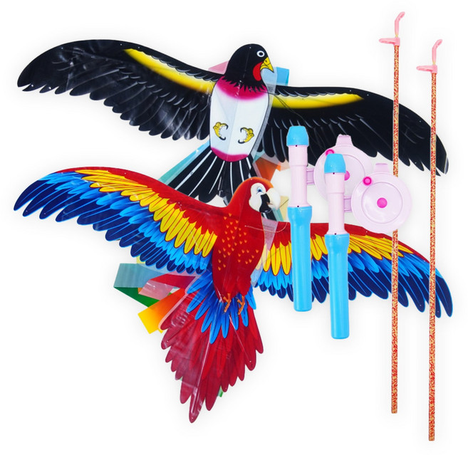 토이토 1+1 대형 낚시대 연 날리기 얼레 세트, 대형 제비+대형 앵무새 (51cm), 1세트