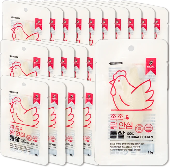 식스펫 국산 자연재료 100% 촉촉 통살 30일 강아지 고양이 간식, 닭안심, 25g, 20개 - 쿠팡