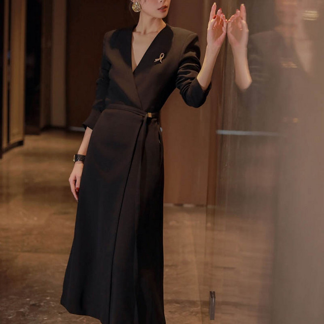 슬림소녀 여성 봄가을 브이넥 통근 심플 정장 원피스 긴팔 데일리 롱 스커트