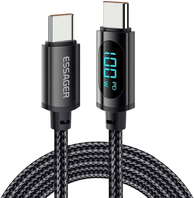 ESSAGER 數位顯示快充線 E-Marker芯片 480Mbps傳輸 編織耐磨, 1個, 快充線 100W（C>C）黑, 2m