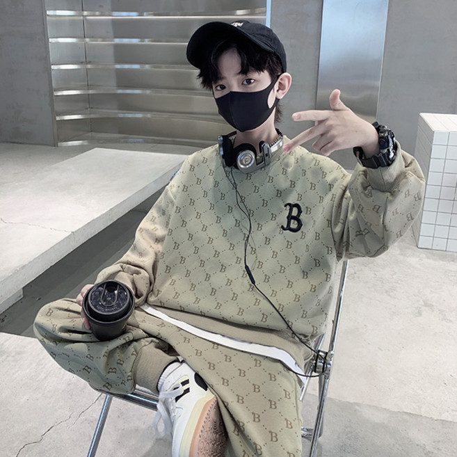 비비키드 주니어 남아 봄 가을 초중생 B 패턴 자수 상하복 세트 초중생 긴팔 초등생 긴바지 세트 (7866)