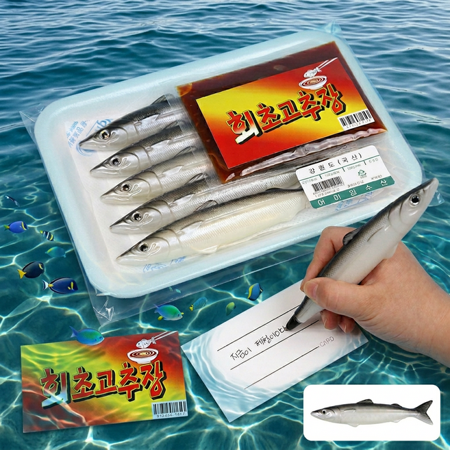 어이없수산 정어리 생성 물고기 볼펜 회초고추장 패키지, 1세트, 정어리펜5개+초장패키지