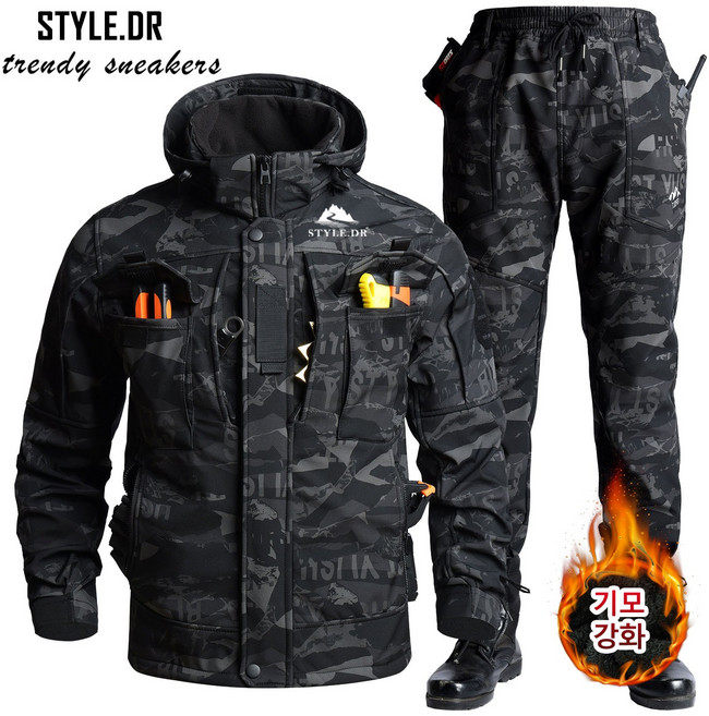 STYLE.DR 겨울 남자 방풍 방수 상하복세트 따듯한 아웃도 어낚시복 작업복 트레이닝 기모 방한복