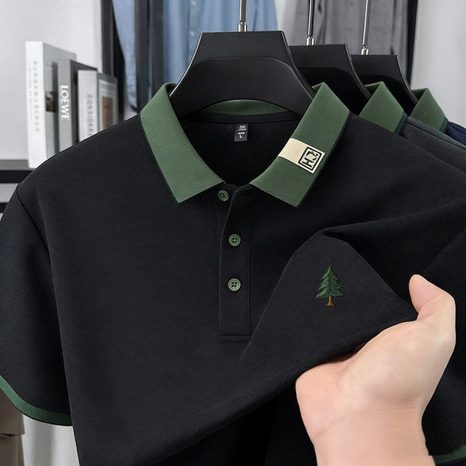 男士短袖POLO衫 刺繡 撞色翻領 商務休閒上衣, 1個, 黑色【升級款】2XL 150-170斤