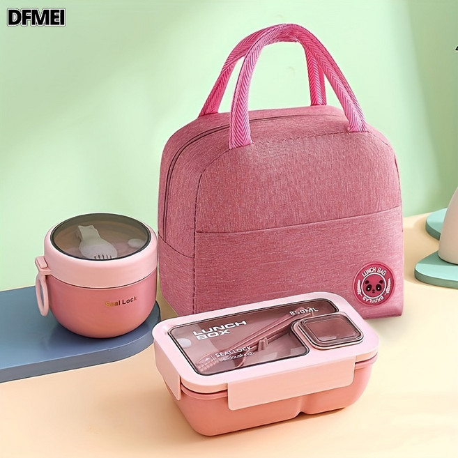 DFMEI 便携手提分格饭盒保温袋学生上班族带饭午饭餐盒可微波便当盒, 1個, HT0137-长方形850ml PP套装（饭盒+杯+粉袋）粉:參考詳情